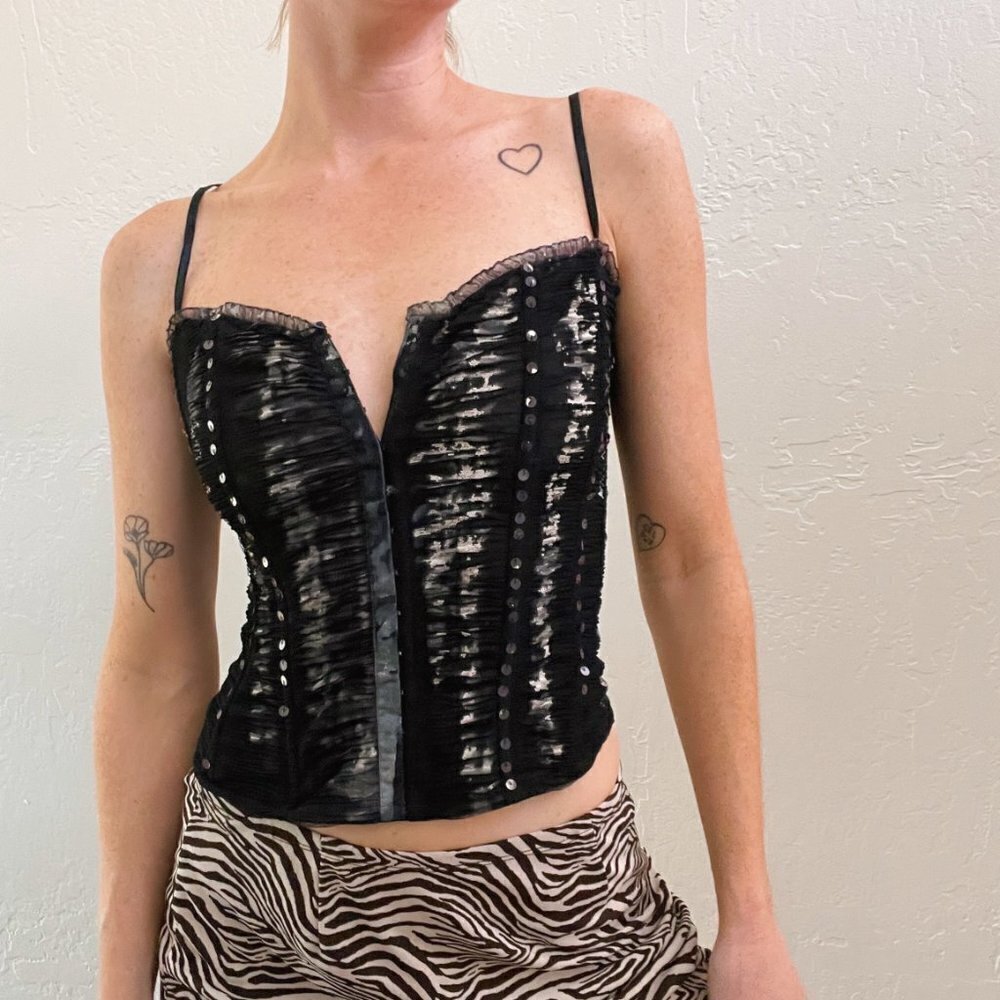 Vintage Y2K Guess Black Ruched Mesh Corset Tank Top - Picture 4 of 6